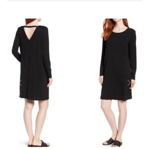 Eileen Fisher Black Ballet Neck Jersey Knit Long Sleeve Dress sz XS Quiet Luxury